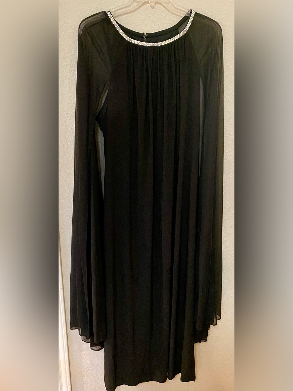 R&M Richards Black Chiffon Cape Evening Gown with Rhinestone Trim - Size 20